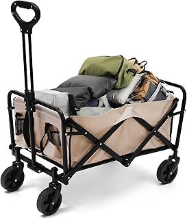 Festival Trolley On Wheels, 75L 120KG Capacity Folding Beach Trolley Cart All Terrain Utility Wagon For Shopping Outdoor Picnic Garden, Heavy Duty Camping Trolley Cart With Cover Bag, Beige
