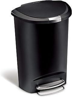 simplehuman CW1355 50L Semi-Round Kitchen Pedal Bin with Lid Lock, Silent Soft Close Lid, Strong Steel Pedal, Stay-Open Lid, Large Capacity, Black Plastic