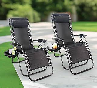 Zero Gravity Chair Black Set of 2 | Foldable Recliners with Cup Holders, Headrest Pillow, Phone Mount & Tablet Rest | Sun Loungers for Garden and Camping