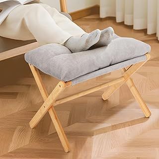 Nisorpa Foldable Foot Rest for Sofa Ottomans, Bamboo Footrest Wooden Shoe Changing Stool Folding Wood Footstool Step Stool with Removable Velvet Fabric Cushion for Living Room - Grey