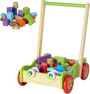 Baby Wooden Walker with Wooden Bricks Blocks Activity Cart Learning Toddler Educational Colourful Toy