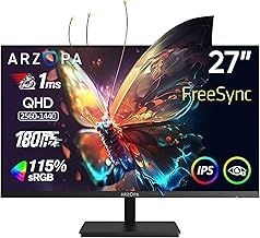 ARZOPA 27 Inch Gaming Monitor 180Hz 2K QHD 2560x1440 Fast IPS Computer PC Monitor 115% sRGB G-SYNC & FreeSync 1ms Response, Eye Care, VESA Wall Mountable, 1x Display Port 1.4, 1x HDMI 2.0, TYPE-C