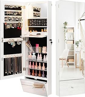 COSTWAY 3-Color LED Lights Jewellery Cabinet, Wall Mounted Jewelry Armoire with Full Length Mirror and Large Storage, Bedroom Lockable Cosmetics Jewellery Organiser Unit Gift, White