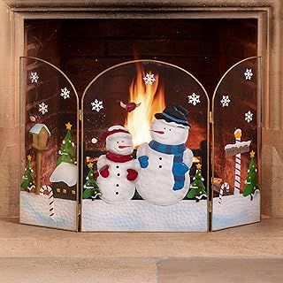 CHRISTOW Christmas Fireguard Fireplace Screen, Arched Metal Mesh Fire Screen H49cm (Snowman)