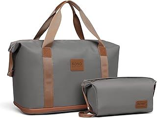 Kono Travel Duffel Bag Expandable Overnight Weekend Bags for Women with a Cosmetic Pouch Dry and Wet Seperated Water Resistant Carry On Hand Luggage Sports Gym Hospital Tote 36L (Grey/Brown)