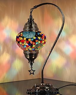 Authentic Turkish Lamp, Made in Turkey, Turkish Moroccan Mosaic Table Bedside Lamp, 100% Handcrafted, Antique Brass Color Metal Body and Decorated Metal Base, 15", Topmix