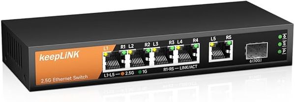 5 Port 2.5G Ethernet Switch Umanaged, 5 x 2.5G Base-T Ports & 1 x 10G SFP Slot, Plug and Play, Desktop/Wall-Mount, Fanless Metal Design