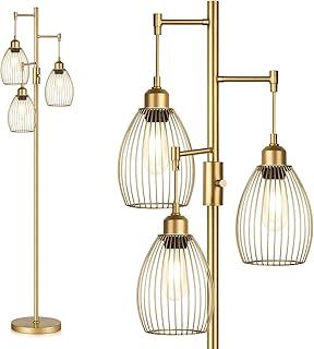AONELAS Dimmable Industrial Floor Lamps for Living Room, Gold Tree Standing Tall Lamps with 3 Elegant Teardrop Cage Head & 800 Lumens LED Bulbs for Bedroom Office