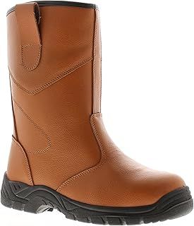 Tradesafe Safety Rigger Boots. Mens Steel Toe Cap S1-P SRC Tan Leather Work Boots with Steel Midsole Protection and Fur Lining
