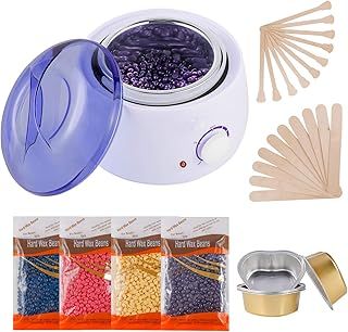 Hair Removal Waxing Kit, Wax Warmer with 4 PC Hard Wax Beans (14.1oz) 10 Wax Applicator Sticks for Full Body, Legs, Face, Eyebrows, Bikini Women Men Painless at Home Waxing (White1)
