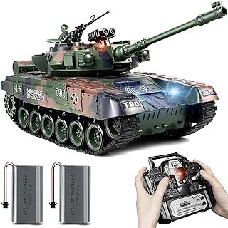1:18 RC Tank, 2.4Ghz RUS T-90 Remote Control Model Toys, Battle Army Tank 15 Channel with Smoke, Light Sound, Volume Switch, Military Toy for Adults and Kids That Shoots BBS, Water Bombs