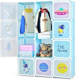 COSTWAY 8/12 Cube Children Clothes Closet, Cartoon Modular Wardrobe with Hanging Sections, Kids Storage Unit for Children Room, Nursery, Bedroom