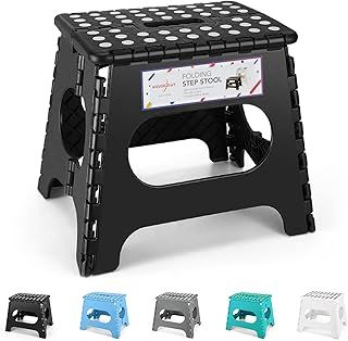 HOUSE DAY Heavy Duty Plastic Step Stool, 11 inch, Black - Foldable, Sturdy, Skid Resistant, Kitchen, Bathroom Stool, 300 lbs Capacity