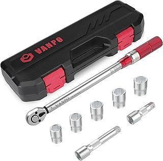 VANPO Torque Wrench 1/2 Inch Drive, 20-220Nm 8 Pieces Torque Wrench Set, ± 3% Accuracy with 2 Extension Bars 75mm and 125mm, 5 Sockets 17mm, 19mm, 21mm, 23mm, 24mm for Cars, Motorcycles, Trucks