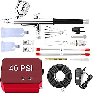 Omeyo Airbrush Kit with Air Compressor, 48 PSI High Pressure Air Brush Non-Clogging with 0.2/0.3/0.5mm Nozzle/Cleaning Sets, Ideal for Painting, Modeling, Cake Decor, Pastry, Makeup, Nail Art Red.