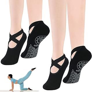 flintronic Yoga Socks, Non-Slip Pilates Socks with Straps, Cotton Five Toe Grip Socks for Pilates, Ballet, Barre, Barefoot Workout, Dance - Sweat Absorption