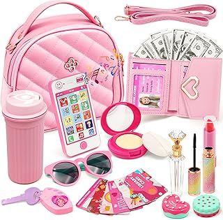 Kids Pretend Play Little Girl Purse Accessories, Princess Toy Cell Phone w/ Light and Sound, Fake Makeup Handbag Wallet Keys Credit Card Water Bottle Birthday Gifts Toys for 3 4 5 6 7 8+ Year Old Girl