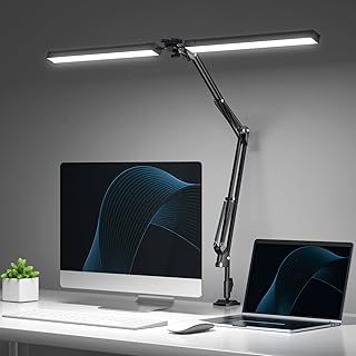 LED Desk Lamp for Home Office, 24W Swing Arm Double-Head Table Lamps, 3 Colors Lighting & Stepless Dimming Architect Reading Desk Light, Adjustable Eye-Caring Clamp Light for Study Work
