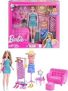 Barbie Doll and Fashion Set, Barbie Clothes with Closet Accessories like Rack and Mannequin, 32 Storytelling Pieces, HPL78