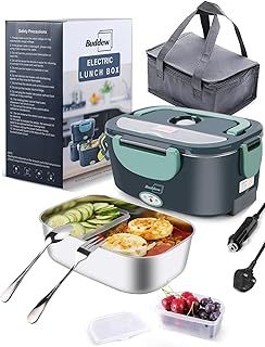 Buddew Electric Lunch Box 80W Food Heater 3 in 1 12/24/110-230V Portable Lunch Warmer Upgraded Leakproof Heated, for Car/Truck/Office with SS Fork&Spoon and Insulated Carry Bag (Green)