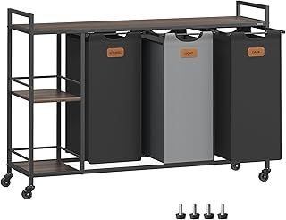 VASAGLE Laundry Hamper with 3 Compartments, 150 L Laundry Sorter, Rolling Laundry Cart with Shelves, Removable Liners, 6 Labels, Chestnut Brown, Ink Black and Dove Grey BLH312B01