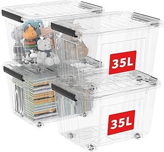 35L*4 Storage Boxes with Wheels, Plastic Storage Bins with Lids, Latching Buckles, Click Closure, Stackable, Nestable, Organizer for Home Office Clothes, Clear, 35L-4 Pack