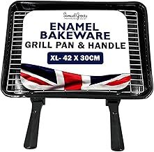 Vitreous Enamel Universal Grill Pan & Handle, Grill Pan for Oven, Oven Tray, Oven Pan Tray with Rack, Pan Handle UK Made for Caravan, Campervans, Ovens & Grills (XL 42 x 30 cm)