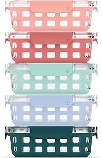 Ello Duraglass 3.4 Cup Meal Prep Sets 10Pc, 5 Pack Set- Glass Food Storage Container with Silicone Sleeve and Airtight BPA-Free Plastic Lids, Dishwasher, Microwave, and Freezer Safe, Melon