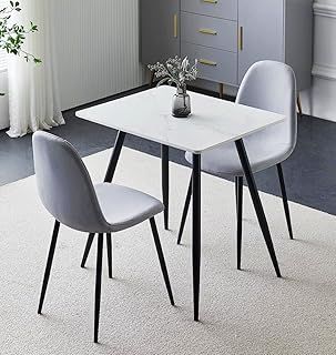 Hallowood Furniture Cullompton Small Rectangular Dining Table and Chairs Set 2, Dining Table with White Marble Effect Top & Black Metal Legs (0.8m) and Fabric Chairs, Dining Room Set