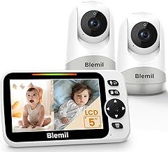 Blemil Upgrade Baby Monitor with 30-Hour Battery, 5" Large Split-Screen Video Baby Monitor with 2 Cameras and Audio, Remote Pan/Tilt/Zoom, Two-Way Talk, Room Temperature, Auto Night Vision
