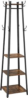 VASAGLE Coat Rack, Coat Stand with 3 Shelves, Ladder Shelf with Hooks for Scarves, Bags and Umbrellas, Steel Frame, Industrial Style, Rustic Brown and Black LCR80X