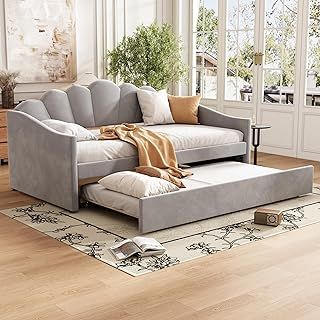 Upholstered Bed, 3FT Single Bed 90x190cm with Trundle 90x190cm, Daybed Sofabed for Adults & Teenagers, Velvet, Grey