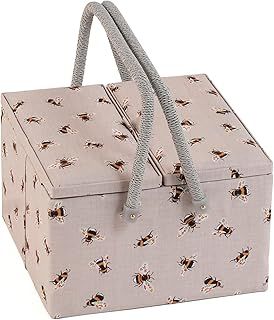 Hobby Gift Exclusive Large Twin Lid Sewing Craft Hobby Storage Box, Accessories Tray Pin Cushion Pockets PVC Handles, 25 x 25 x 17cm, Bees