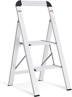 KINGRACK 2 Step Ladder with Handrail, Non-Slip Household Ladder with Folding Safety, Aluminium Folding Step Stool, Maximum Load 150 kg, Silver