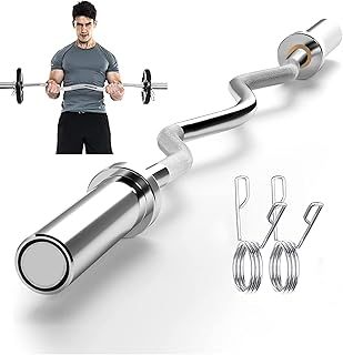 47in/34in EZ Curl Bar for 2 Inch/1 Inch Weight Plates - Steel Weight Lifting Barbell Bar - Tricep Bar with 2 Spring Collars for Home Gym Fitness Exercise