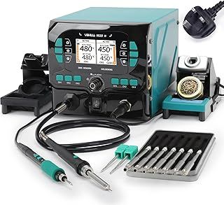YIHUA 992D-II 2-IN-1 Precision Soldering Kit with Hot Air Pencil & C210 Precision Soldering Iron Precision Soldering Station with Dynamic LCD Display Low-Wear Mode 3 Preset Channels 8 Nozzles(UK Plug)