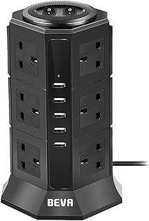 Tower Extension Lead, BEVA Multi Plug Socket 12 Way Outlet Surge Protector Power Strip Electric Charging Station with 5 Smart USB Charger(5V/4.5A), 2M Extension Cords for Home and Office