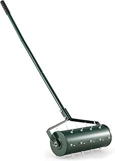 Outdoor Lawn Aerator, Heavy Duty 43/53cm Manual Grass Roller with Sand Filled Drum & 130cm Detachable Handle, Rolling Garden Lawn Spikes Tool for Soil Grass (45x14x130cm, Green)
