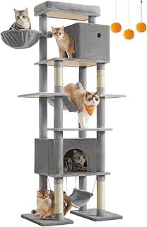 Feandrea XXL Cat Tower - 201 cm Tall, 4 Scratching Posts, 2 Hammocks, 2 Cat Caves, Light Grey