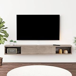 Pmnianhua Floating TV Shelf, Wall Mounted TV Cabinet, Floating Shelves with Door, Modern Entertainment Media Console Center Large Storage Under TV (120cm, Rustic Oak)