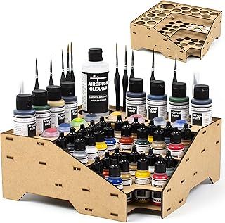 ProScale Miniature Model Paint Organiser Stand Vallejo and Warhammer Work Table Kit, Miniature Model-Making Acrylic Paints and Paint Brushes (Model C)