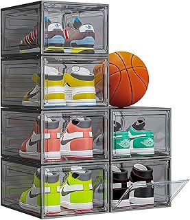 【Thicken & Sturdy】Clear Shoe Storage Organizer with Magnetic Door, Stackable Shoe Storage Boxes for Closet, Foldable Space-Saving Shoe Rack for Sneaker Boot Container, Plastic Shoe Box 6 Pack, Black