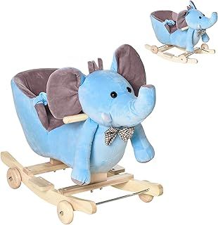 HOMCOM 2 In 1 Plush Baby Ride on Rocking Horse Elephant Rocker with Wheels Wooden Toy for Kids 32 Songs for 18+ Months (Blue)