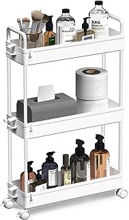 SOLEJAZZ 3-Tier Storage Trolley Cart Slide-out Slim Rolling Utility Cart Mobile Storage Shelving Organizer for Kitchen, Bathroom, Laundry Room, Bedroom, Narrow Places, Plastic,White