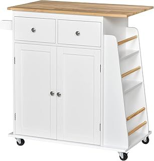 HOMCOM Kitchen Island on Wheels, Mobile Storage Trolley, Rolling Kitchen Cart with Rubber Wood Top, 2-Door Cabinets, 2 Drawers, Adjustable Shelf, 3-Tier Spice Rack, Drawers