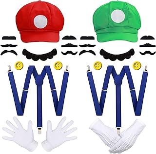 iZoeL Mario Hat with M Luigi Hats with L - Mario Caps Luigi Caps Mustaches Gloves Buttons - Cosplay Costume for Halloween Costumes Women Men Kids