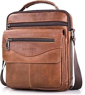 SPAHER Men Leather Handbags Shoulder Bags Messenger Business Bag Crossbody Satchel Sling Waterproof Travel Bag Daily Man Bag with Adjustable Shoulder Strap for Ipad 11 Inch Brown