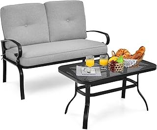 COSTWAY Outdoor Loveseat Bench, 2-Seater Garden Furniture Set with Coffee Table and Cushions, Metal Frame Patio Sofa Table Set for Balcony Backyard Lawn Poolside (Grey)