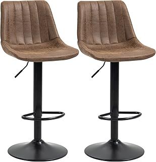 HOMCOM Bar Stools Set of 2, Swivel Counter Height Barstools with Back, Adjustable Bar Chairs, Breakfast Dining Stools for Kitchen Island Counter with Adjustable Steel Footrest & Base, Brown
