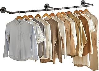 70 Inch Industrial Pipe Clothes Bar Rack, Wall Mounted Garment Hanging Storage Rail, for Bedroom, Living Room, Laundry Room, Retail Display, Triple Base, Black TYJ003H